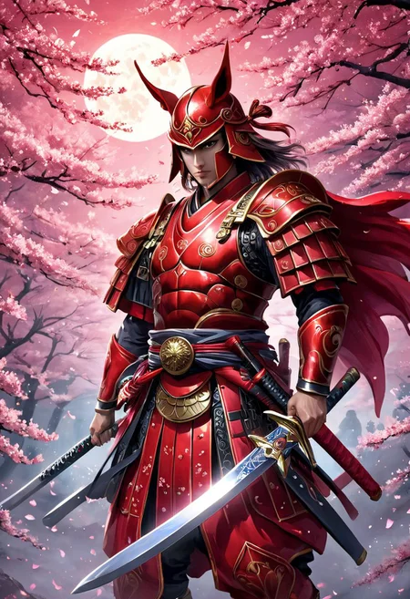 4k, high resolution, best quality, perfect colors, perfect shadows, perfect lighting, final showdown super illustration extremely detail, story of the brave, beautiful sky, cherry blossoms falling and flying, glory, supernatural existence, events when hope exists, seek more power, weapon, katana, holding sword, prepare to fight, charge action, sheathed, unsheathing, scabbard, red samurai armor is strong and shiny, wearing a head covering with tails, aura of power, all range, bright moon, Japanese kingdom, determined eyes, beautiful detail, glittering, until the afterlife, feel the last time, heartbeat double exposure, oil painting, fantasy, digital art, highly detailed, overall detail, atmospheric lighting, Awash in a haze of light leaks reminiscent of film photography,  awesome background, highly detailed styling, intricate details, highly detailed, cinematic,