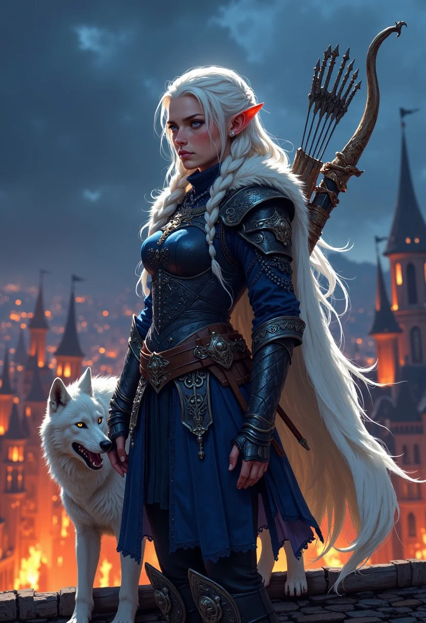 cinematic photo. Image is a digital painting featuring a fantasy-themed scene. The layout is vertical, focusing on a central female elf figure standing on top of the roof, looking at burning medieval city under her feet. The woman has fair skin and long, white hair with braids. She wears a dark blue mythril armour, dark cobalt chainmail with silver elven ornaments. Her expression is confident and cold, with a slight scorn. A large bone longbow in on her back, with ornate gray quiver beside. The background is a cloudy night sky, enhancing the dramatic lighting on the subject. A white wolf pelt drapes over her back like a cloak, adding to the fantasy and slightly dystopian atmosphere. 35mm photograph, film, bokeh, professional, 4k, highly detailed
<lora:Anime v1.3:0.6> <lora:VividlySurreal:0.6> <lora:FLUX-daubrez-DB4RZ-v2:0.4>  <lora:FluxMythP0rtr4itStyle:0.6>