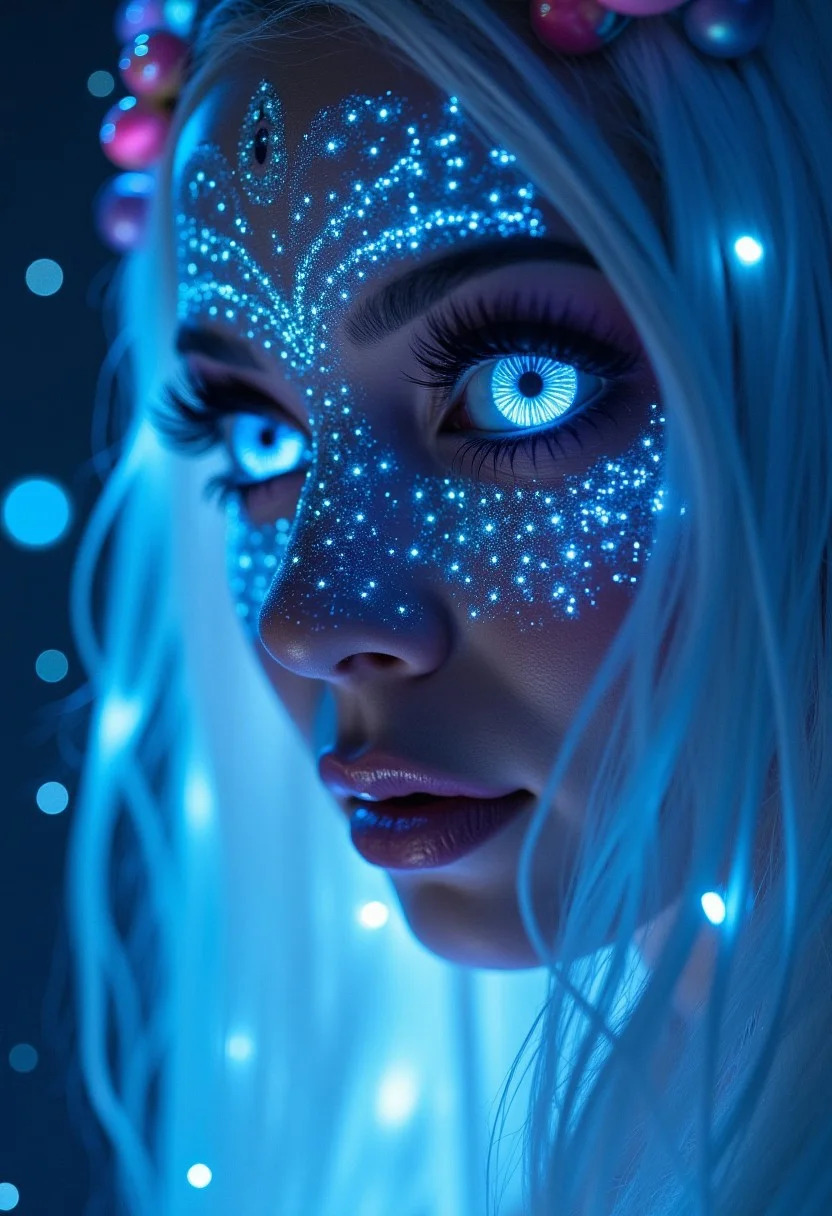 Create a close-up image of a fantasy maidens face. Her skin glows with a soft,ethereal light and is adorned with neon tattoos that cover her face in intricate patterns. The tattoos emit a magical glow that illuminates her delicate features. Her eyes are large and bright,subtly changing between shades of blue and white,as if holding an ocean within them. Her long,silver hair frames her face,adding a splash of magic to the scene. The background features a starry sky that enhances the dreamy atmosphere,fantasy art,<lora:ImageUpgraderV2:1>,