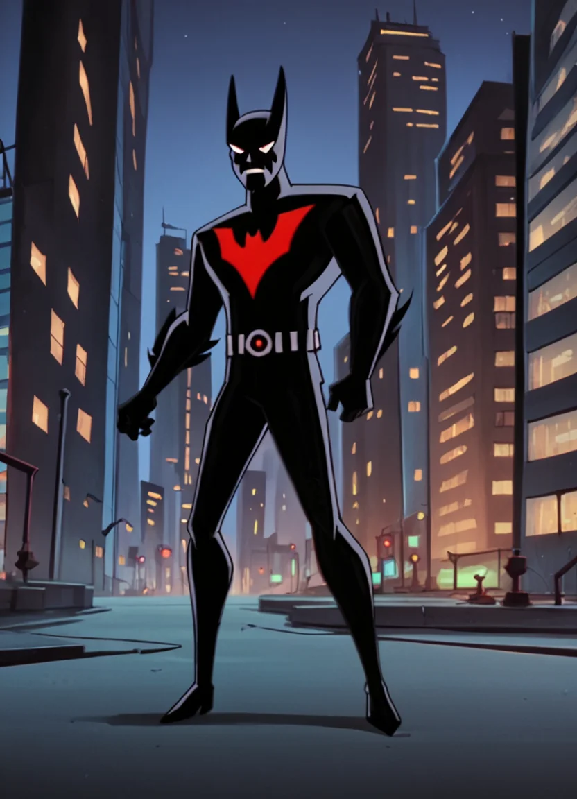 <lora:BatmanBeyondPony1.0:0.8>BMB, 1boy, solo, male focus,belt,standing, black bodysuit, superhero, mask, score_9, score_8_up, score_7_up, score_6_up, score_5_up, score_4_up, looking at viewer,city,night, crouch, hand on ground