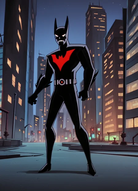 <lora:BatmanBeyondPony1.0:0.8>BMB, 1boy, solo, male focus,belt,standing, black bodysuit, superhero, mask, score_9, score_8_up, score_7_up, score_6_up, score_5_up, score_4_up, looking at viewer,city,night, crouch, hand on ground