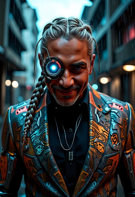 close-up portrait, A person with a crude bionic eye glares defiantly, their organic blue iris clashing with the bionic lens's crimson glow. Middle-aged Native Hawaiian real estate agent, muscular build, silver box braids whipping mid-motion. Laughs sharply while pivoting into a combat stance, chiseled jaw taut. Wears a fusion of traditional and cyberpunk attire: Hawaiian tribal-print leggings, digital holo-metallic blazer flickering with neon auction listings, and mechanical_arms made of Biopunk limbs with organic tissue grafts, vein-like patterns melding flesh and metal. Gritty urban cyberpunk backdrop of crumbling Honolulu high-rises under holographic rain. Ultra-detailed, cinematic lighting, 8k, moody contrasts. <lora:BionicProsthetic_Eye_-_Warhammer_40000_Flux.safetensors:1.0>, <lora:flux/fantasy_portrait_by_cosmic.safetensors:1.0>, <lora:Sinfully_Stylish_1.0_Flux.safetensors:1.0>, sinfully stylish,