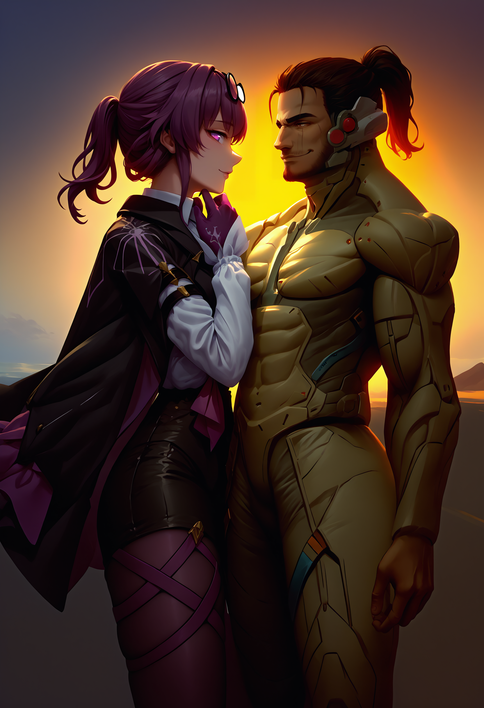 score_9, score_8_up, score_7_up, source_anime, standing, cowboy shot, looking at another, sunset, horizon,
BREAK 1girl, kafka, purple eyes, bangs, eyewear on head, <lora:Kafka_XLPD:1>, collared white shirt, long sleeves, jacket on shoulders, black jacket, black shorts, gloves, purple gloves, pantyhose under shorts, criss-cross straps, thigh strap, purple pantyhose,
BREAK 1boy,  <lora:JetstreamSam_XLPD:1> JetstreamSam, cyborg, bodysuit, headgear, beard, smirk,