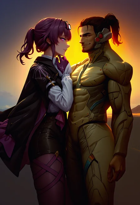 score_9, score_8_up, score_7_up, source_anime, standing, cowboy shot, looking at another, sunset, horizon,
BREAK 1girl, kafka, purple eyes, bangs, eyewear on head, <lora:Kafka_XLPD:1>, collared white shirt, long sleeves, jacket on shoulders, black jacket, black shorts, gloves, purple gloves, pantyhose under shorts, criss-cross straps, thigh strap, purple pantyhose,
BREAK 1boy,  <lora:JetstreamSam_XLPD:1> JetstreamSam, cyborg, bodysuit, headgear, beard, smirk,