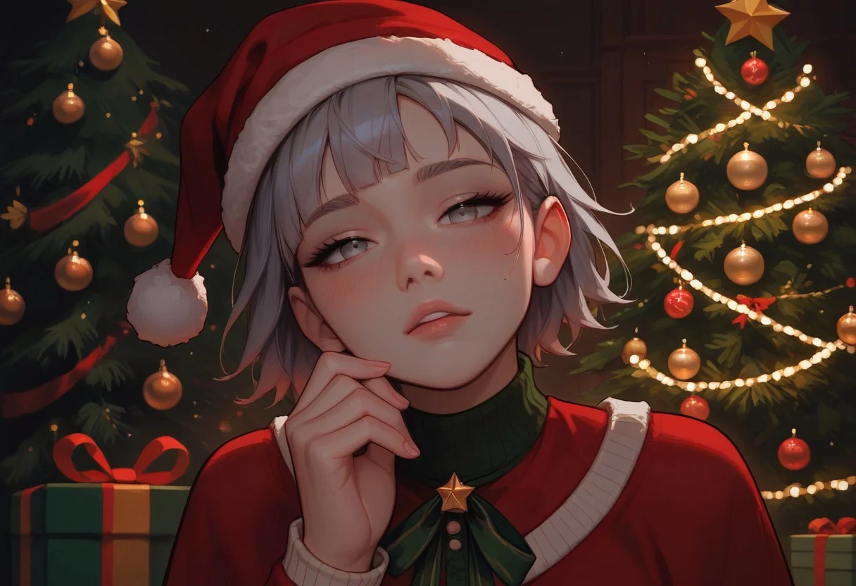masterpiece, best quality, wallpaper, highly detailed, score_9, score_8_up, score_7_up, score_6_up, source_anime, (score_9, score_8_up, score_7_up), (vivid colours), g0thicPXL,
BREAK
1girl, dynamic pose,blush, big ass,(short messy silver hair), bangs,pale skin, medium breast, sexy face, glowing light,excited, dynamic view, holding a mistletoe in his hand,young, perfect body, fair skin, sexy face,((dark circles under eyes)),((messy silver hair)), grey eyes,tired face,((Santa Claus hat)),sweater overside,green christmas sweater costume,green swater with withe decoration,sweaty,
motion line,Christmas tree,gifts,Christmas,Christmas party, warm light