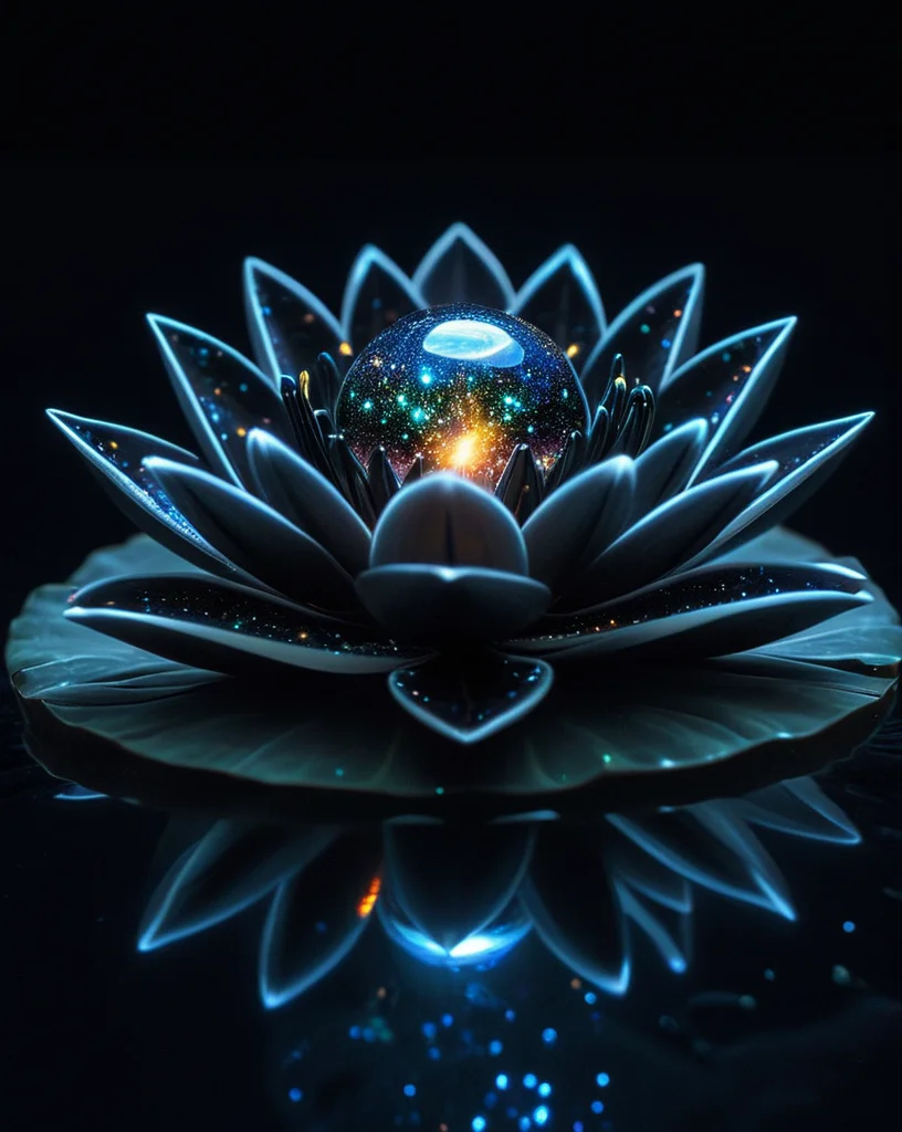 concept art showing intricate details of an [closed origami black lotus made with (black opal and black pearl  paper and pure black opal and black pearl  petals:1.3)  with an infinitesimally small  sphere a small sphere made of (motion, glowing white plasma, glowing internally with a multicolored florescent galaxy of stars, white plasma covers the surface) at it's center: closed sacred lotus with pure (black opal and black pearl  petals1.3) and a pure black seed pod replaced with a infinitesimally small  sphere made of (motion, glowing white plasma, glowing internally with a multicolored florescent galaxy of stars, white plasma covers the surface):0.98].  At the center of the flower is an infinitesimally small  sphere made of (motion, glowing white plasma, glowing internally with a multicolored florescent galaxy of stars, white plasma covers the surface). (the flower is floating on a tranquil placid lake, sitting on a white gossamer lily pad:1.3). soft artistic double light, night, night shoot, set a background of a starry sky, moonlight, god rays, volumetric lighting,. Masterpiece, by Annie Leibovitz , high resolution detail, studio photo quality,  Zoom Burst shot,  <lora:BlackOpalPearl:0.7> BlackOpalPearl, <lora:Bio-Luminescence:1> bioluminescent,