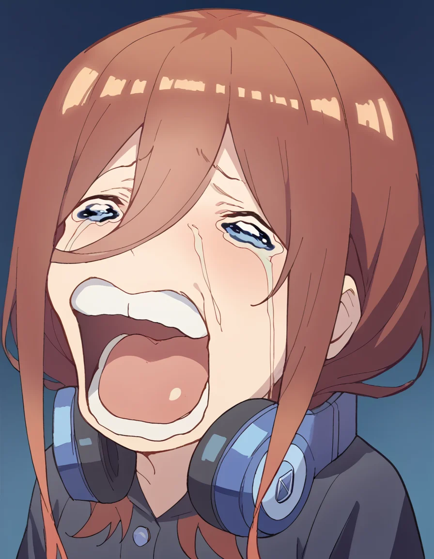score_9, score_8_up, score_7_up, source_anime, <lora:miku-nakano-s2-ponyxl-lora-nochekaiser:1>, miku nakano, long hair, bangs, blue eyes, brown hair, hair between eyes, headphones, headphones around neck, large breasts,, <lora:chopper-crying-ponyxl-lora-nochekaiser:1> chopper crying, chopper crying (meme), meme, wavy eyes, crying, tears, teeth, open mouth, tongue,, ,