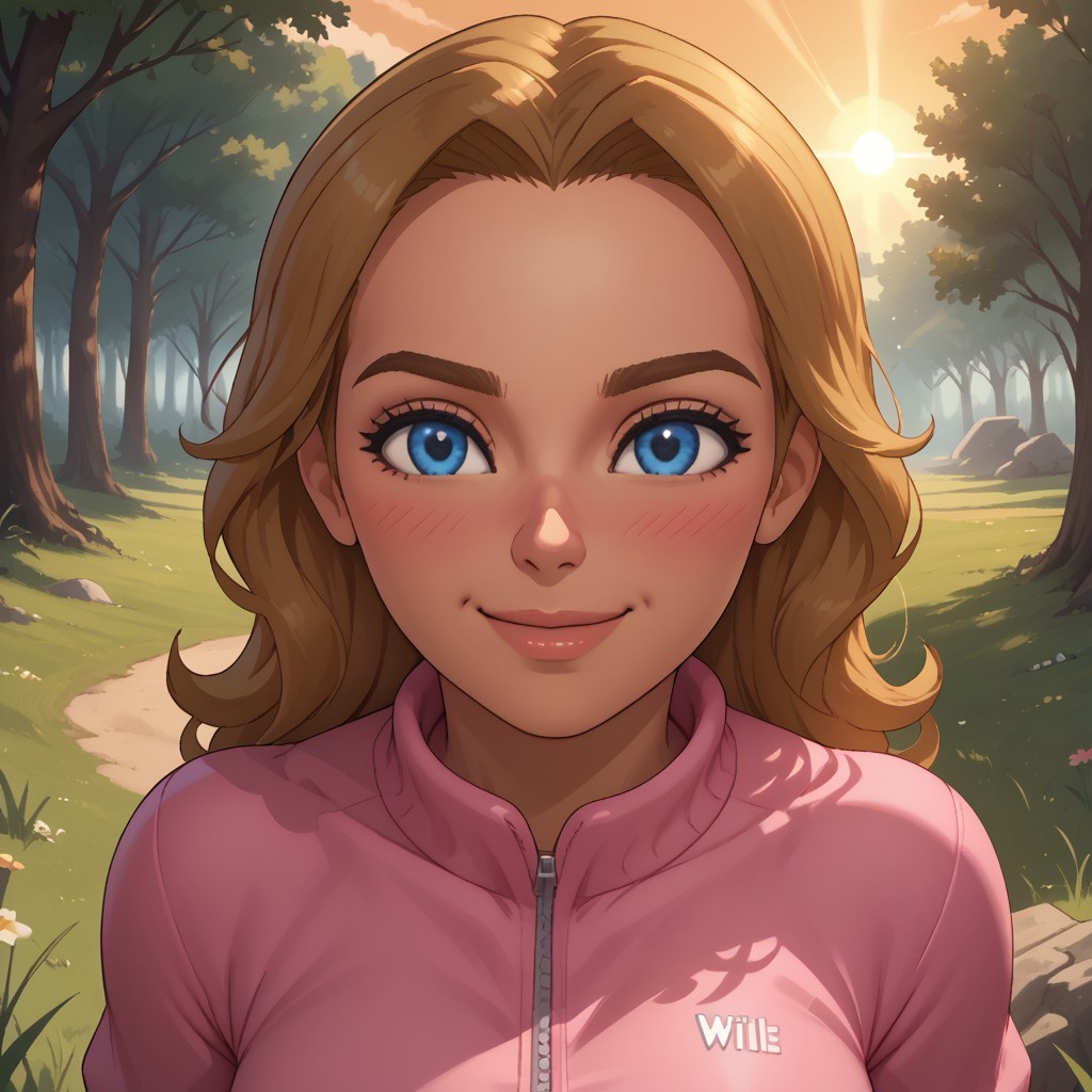score_9, score_8, BREAK, solo, wii, mii, wii sports, 1girl, female mii, dark blonde hair, blue eyes, brown eyebrows, blush, pink clothing, white pants, shoes, breasts, nintendo mii, modern_mii, classic_mii, Barbara_(Wii_Sports), cute, dark skin, dark skin female, sexy pose, self portrait, smile, outdoors, sunlight, shadows, evening lighting, natural lighting, forest, trees, grass, orange sky, sunset