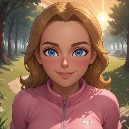 score_9, score_8, BREAK, solo, wii, mii, wii sports, 1girl, female mii, dark blonde hair, blue eyes, brown eyebrows, blush, pink clothing, white pants, shoes, breasts, nintendo mii, modern_mii, classic_mii, Barbara_(Wii_Sports), cute, dark skin, dark skin female, sexy pose, self portrait, smile, outdoors, sunlight, shadows, evening lighting, natural lighting, forest, trees, grass, orange sky, sunset