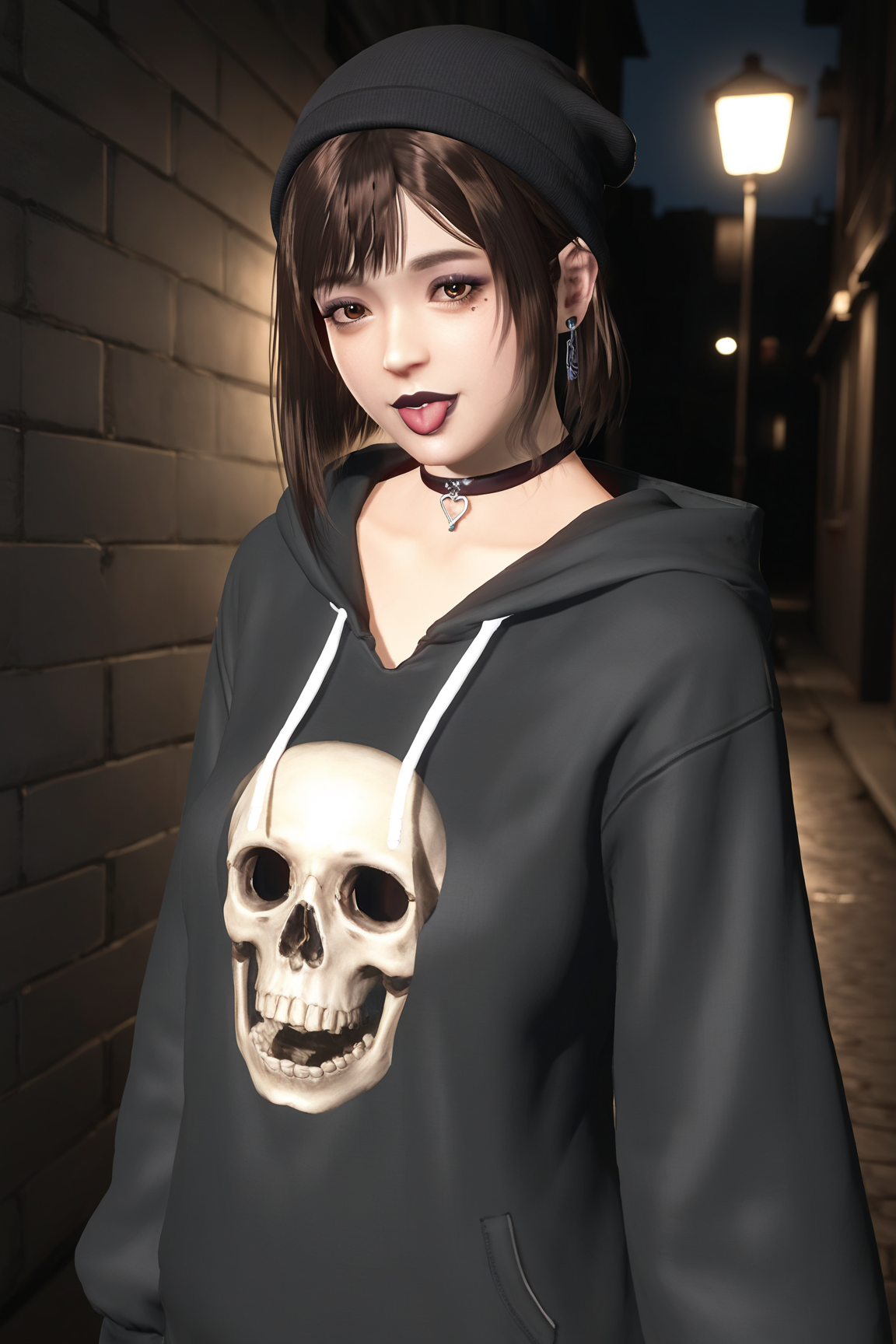 score_9,score_8,score_7_up,best quality,high detailed,
sayuri \(doa\), 1girl, solo,
mole under eye, brown eyes, dark brown hair, shiny hair,
bob cut, short hair,((blunt_bangs)),hime_cut,  
moody nighttime atmosphere, v, tongue out, oversized hoodie,skeleton_print hoodie,  beanie, piercing, oversized clothes, dark eyeshadow, eyeliner, black lipstick, choker, punk, collarbone,
BREAK rim lighting, (chromatic aberration:1.1), dark moody, low-light.night,street,alley, 
 <lora:doa_sayuri_pdxl_v11:1.0>