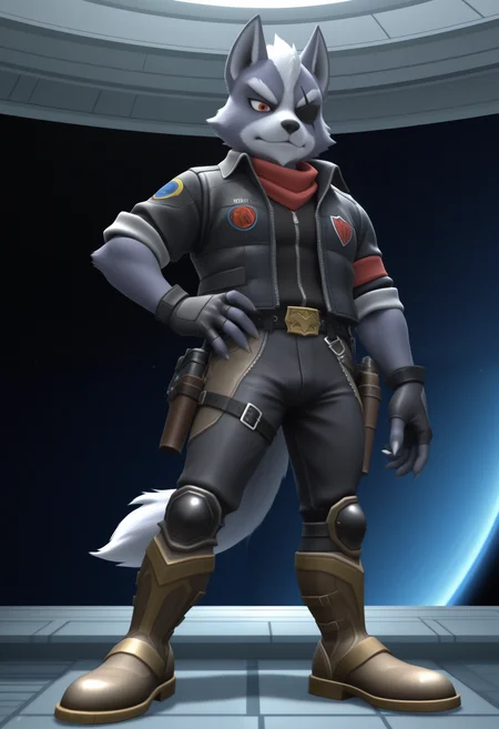 masterpiece,best quality, amazing quality, 1boy, solo, wolfSF, wolf boy, eyepatch, red scarf, black vest, pilot black shirt, pilot fingerless gloves, pilot black belt, pilot black pants, pilot steel boots, pilot gun holster, single hand on hip,
space, space ship,
