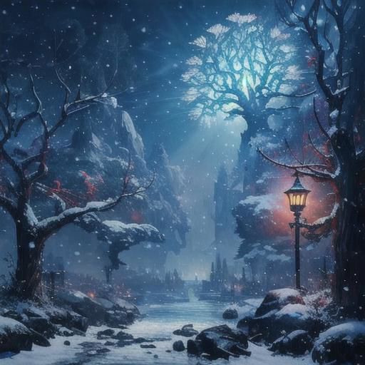 Two small robin birds on a snowy branch of a tree, one with a woolen hat and the other with a scarf illuminated by a lantern hanging from a branch, it is getting dark and snowing, in the background the last lights of the day and snowy trees blurred by the fog and falling snow, 3D style, Disney, Pixar, 4K, the little birds in focus, detailed drawing something that does not even exist, mythical being, energy, molecular, textures, impressive beauty, pure perfection, divine presence, unforgettable beauty, impressive , impressive, volumetric light, auras, rays, vivid reflected colors, you can see snowflakes falling, studio lighting, very detailed
