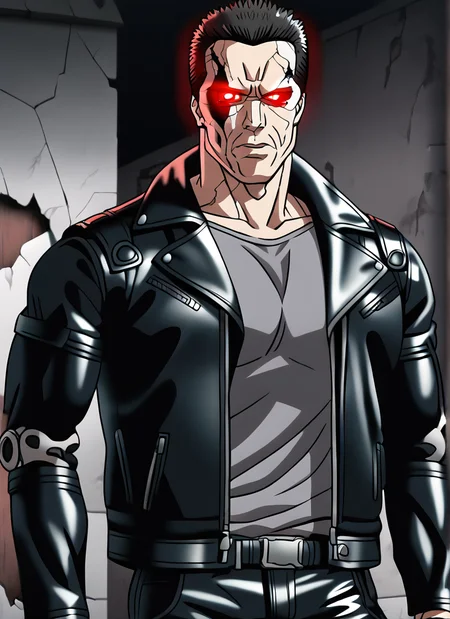 <lora:terminator2_t800:1>terminator2_t800,2ts hair,black leather jacket,glowing red eyes,gray shirt,looking at viewer,detailed,4k,black leather pants,male,man,adult,destroyed city background,anime style,mature man,anime screencap, broken skin,muscular,made of metal, robot joints, damaged face, <lora:T800_Endo_Terminator_Pony:0.70> <lora:Anime_Screencap:1>