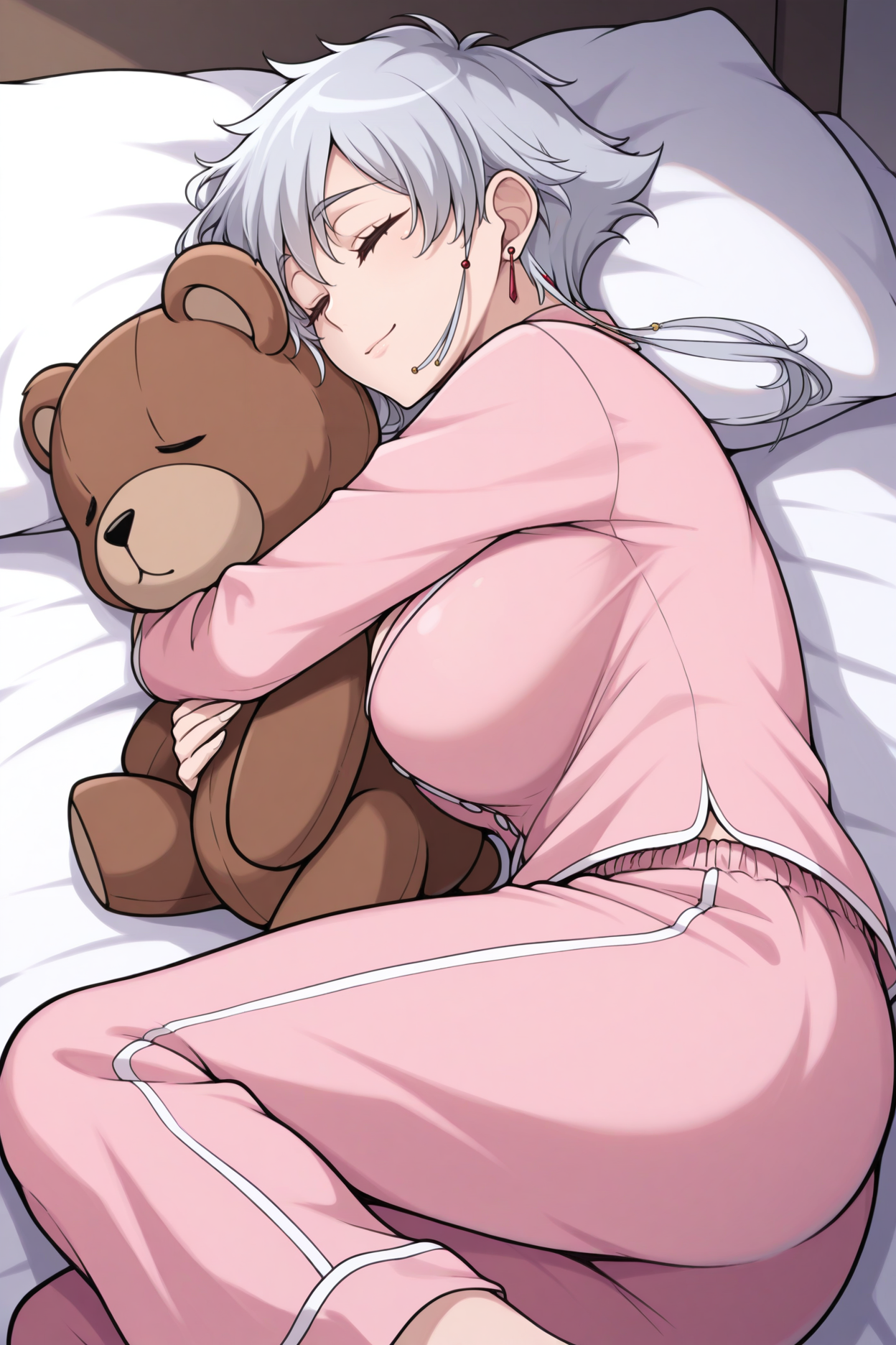 masterpiece, best quality, 1girl, solo, <lora:kotetsuisane-illu-nvwls-v1_1-000006:1> is4ne, silver hair, short hair with long locks, earrings, large breasts, pink pajamas, hugging teddy bear, pajama pants, sleeping, closed eyes, smile, bed, pillow, lying on side, dark