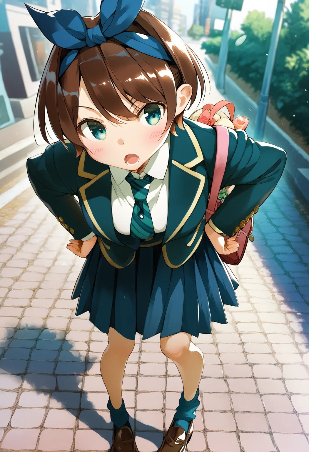 score_9, score_8_up, score_7_up, score_6_up,
by miyajima reiji, sarashina ruka, 1girl, solo, brown hair, skirt, short hair, school uniform, necktie, aqua eyes, bag, shoes, socks, loafers, open mouth, jacket, hairband, blazer, full body, hands on own hips, blush, ribbon, pleated skirt, blue socks, hair ribbon, leaning forward,
outdoors, street, close-up, from above,
masterpiece, best quality
<lora:kanojookarisimasu_v10:1>