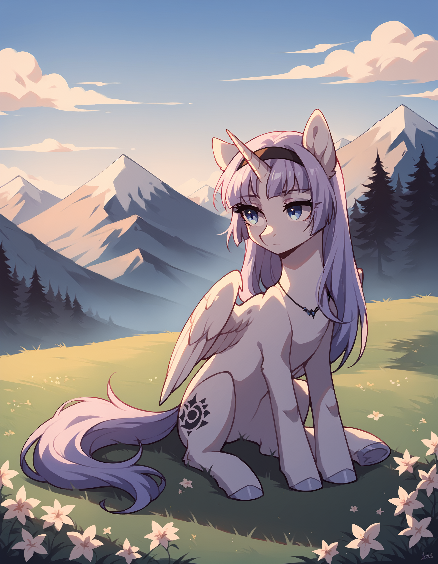 score_9, score_8_up, score_7_up, score_6_up, score_5_up, score_4_up,  feral pony, alicorn, (blank flank:1.1), (melfina:1), long hair, light purple hair, blue eyes, black hairband, expressionless BREAK outdoors, mountain, day, sky, flower, mountainous horizon, blue sky, grass <lora:Smooth Anime Style LoRA XL:1> <lora:melfina-ponyxl-1-000008:0.6>