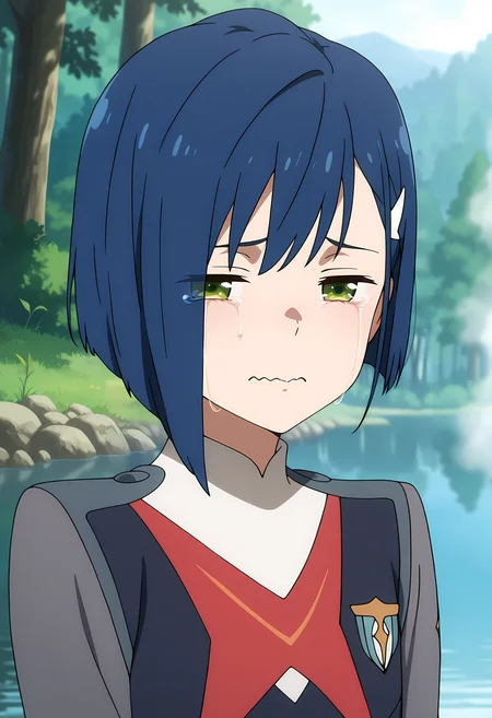 anime screencap, masterpiece, best quality,
<lora:DarlingInTheFranxx_Ichigo_IlluXL:0.9>,
1girl, solo, crying, closed mouth, wavy mouth, half-closed eyes,
asymmetrical hair, blunt ends, short hair, blue hair, green eyes, hairclip,
short dress, grey dress, long sleeves,
looking at viewer, portrait, upper body,
forest, foliage, lake, steam, fog, day, blurry background