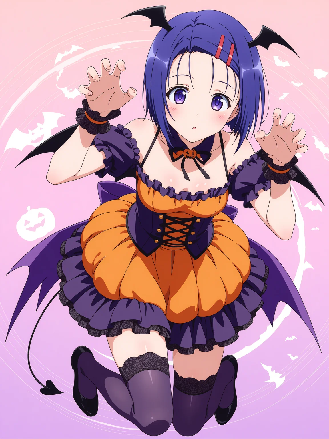 <lora:haruna:1>,haruna,hairclip,full body,5 fingers,halloween costume,thighhighs,