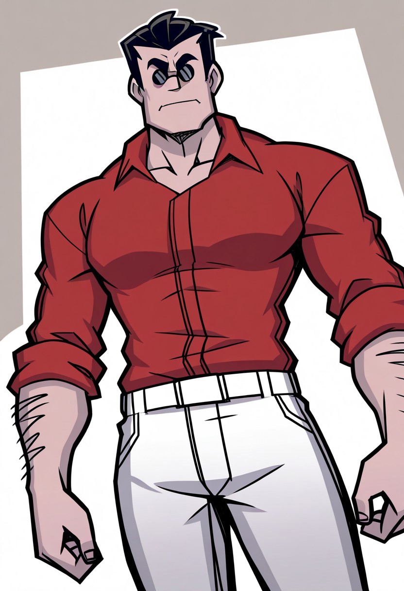 perfect anatomy, perfect proportions, best quality, masterpiece, high_resolution, high quality, best aesthetic, incredibly absurdres, highres, extremely detailed, huge filesize, solo male, adult, mature, masculine, manly, handsome, charming, alluring, standing, upper body, dutch angle, cowboy shot, perfect face, 2d,source_game \(Helltaker\), official style \(Helltaker\), HTHelltaker, Helltaker \(Helltaker\), black hair, short hair, slicked back, sunglasses, Helltaker_outfit02, red collared shirt, sleeves rolled up, white pants,, low angle, from below