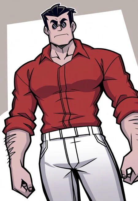 perfect anatomy, perfect proportions, best quality, masterpiece, high_resolution, high quality, best aesthetic, incredibly absurdres, highres, extremely detailed, huge filesize, solo male, adult, mature, masculine, manly, handsome, charming, alluring, standing, upper body, dutch angle, cowboy shot, perfect face, 2d,source_game \(Helltaker\), official style \(Helltaker\), HTHelltaker, Helltaker \(Helltaker\), black hair, short hair, slicked back, sunglasses, Helltaker_outfit02, red collared shirt, sleeves rolled up, white pants,, low angle, from below