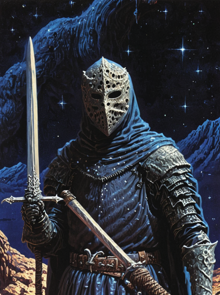 1970's dungeons and dragons dark fantasy artstyle, a hooded knight, bone mask, dark armour, sword in hand, prepared to fight a massive cuthulu, starry sky , grain, cinematic, realistic, photo <lora:dark_fantasy-000013:1>