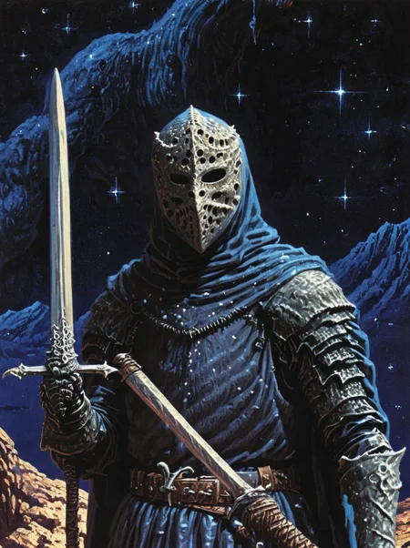 1970's dungeons and dragons dark fantasy artstyle, a hooded knight, bone mask, dark armour, sword in hand, prepared to fight a massive cuthulu, starry sky , grain, cinematic, realistic, photo <lora:dark_fantasy-000013:1>