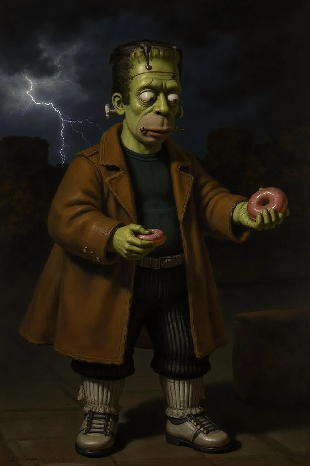 embr2 oil painting.
Homer Simpson dressed as Frankenstein, eating a doughnut during a thunderstorm   <lora:rembr_paint1_semicap_d6a3:1.0><lora:812367028229788220:0>