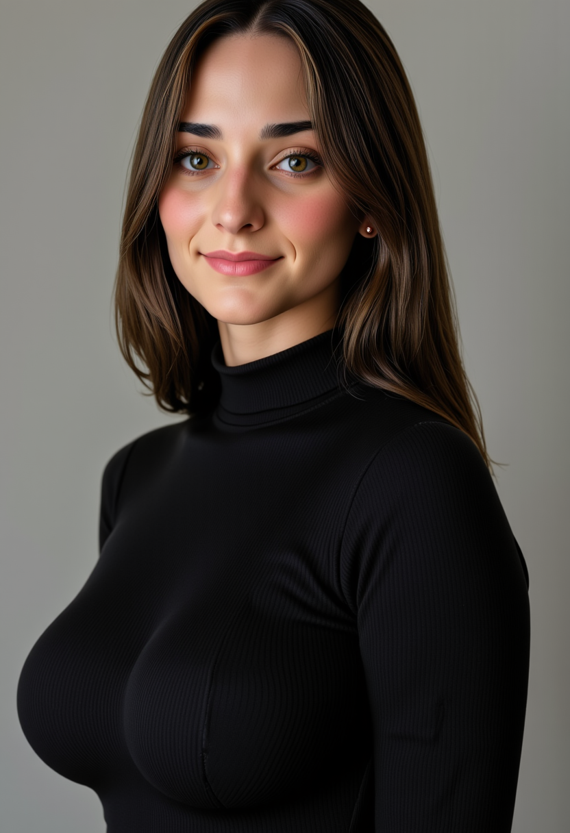 Headshots, portrait, She is approximately 18 years old, Hyperrealistic, she is smiling, dynamic angles, multiple angles,  she is looking at the camera, photoshoot poses; a photo of Abigail_Sv1,a woman with hair, a woman wearing a black turtleneck sweater, she has huge breasts, busty breasts. Simple grey background, creating a focused and dynamic pose.; the scene is set in a beautiful well-lit environment, with a sense of action and adventure.  Style: realistic hyper-detailed rendering, 32k UHD, expressive eyes, punk, graphic design, girl's face, pretty and cute, gleaming lips, telling a tale of adventure. Exuding confidence and serenity. The overall mood of the image is happy and relaxed, detailed skin texture,(blush:0.2),(goosebumps:0.3), subsurface scattering,with a playful and whimsical tone,perfect hand, hand, detailed hand,niji style,retro50s_style,