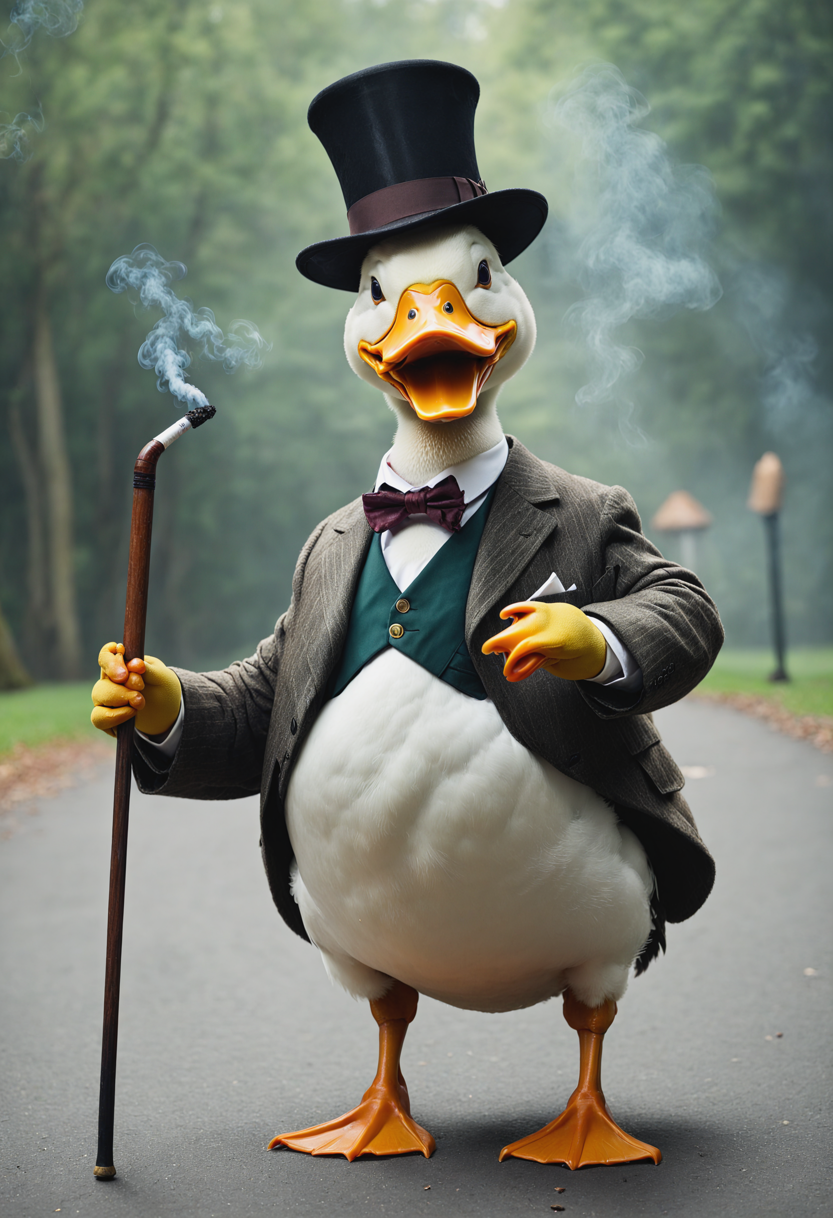 a duck wearing a hat and a smoking holding a cane