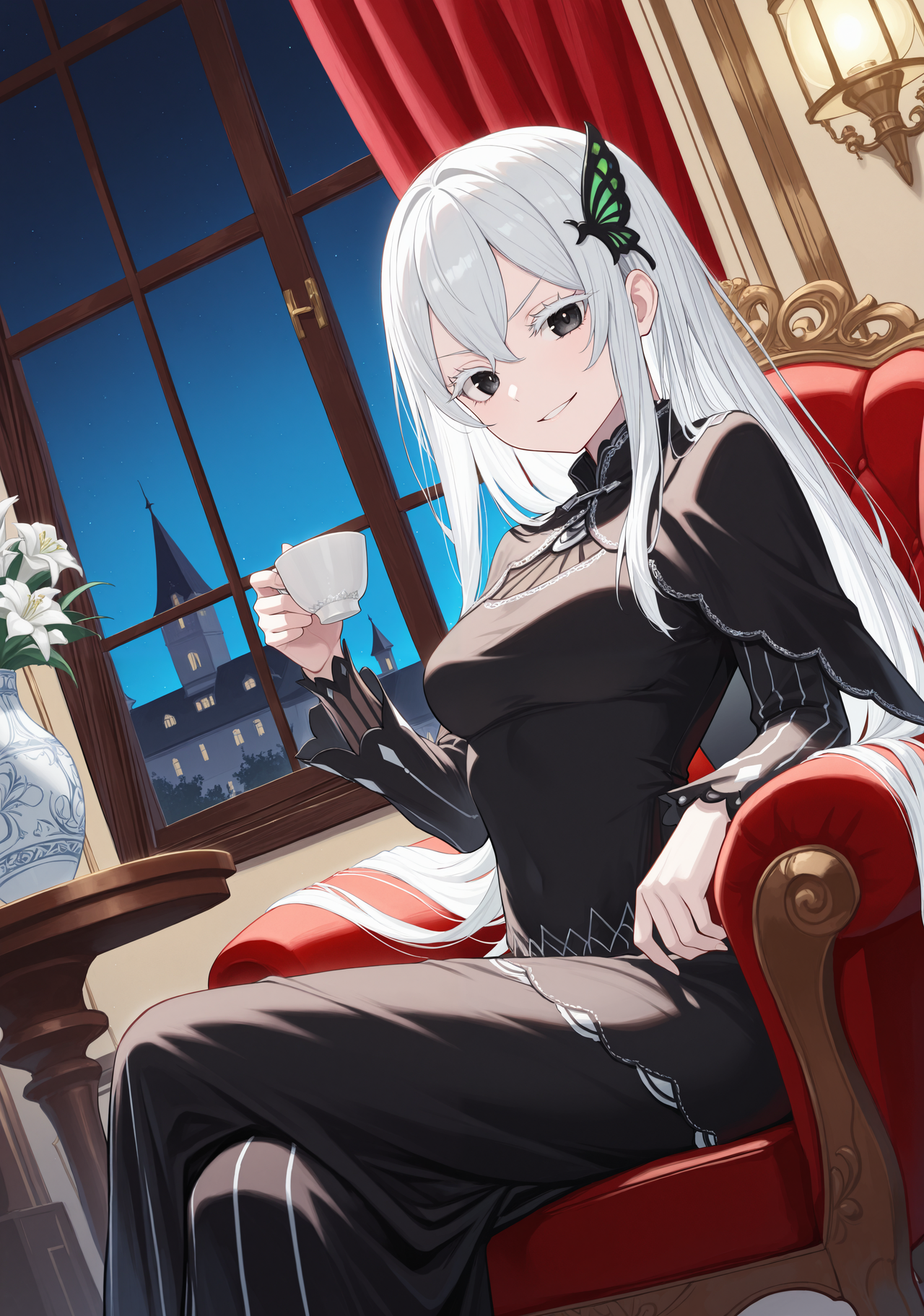 masterpiece, best quality, 1girl, solo, Echidona, white hair, hair between eyes, long hair, thick eyelashes, colored eyelashes, , indoors, armchair, mansion, vase, sitting, from side, crossed legs, arched back, black eyes, butterfly hair ornament, Mainfit, black dress, black capelet, long sleeves, vertical-striped dress, silver embroidery, long dress, window, curtains, looking at viewer, night, night sky, dutch angle, holding cup, v-shaped eyebrows, parted lips, smile
