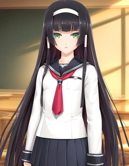 rrenge, green eyes, black hair, hime cut, sidelocks, very long hair, small breasts, petite, biman5 school uniform, breast pocket, white hairband, white hair tubes, red neckerchief, black sailor collar, black skirt, pleated skirt, long sleeves, black sailor collar, serafuku, classroom, parted lips, solo <lora:Biman Adam-000063:1>