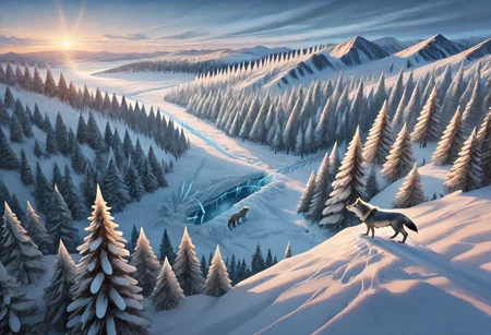 no humans, from above, wolves, wolf, animal christmas, christmas, christmas sweater, forest, frozen forest, icicles, snow, mountainous horizon, scenery, landscape, wide shot, (kincora:1.2), (yamer:0.8)