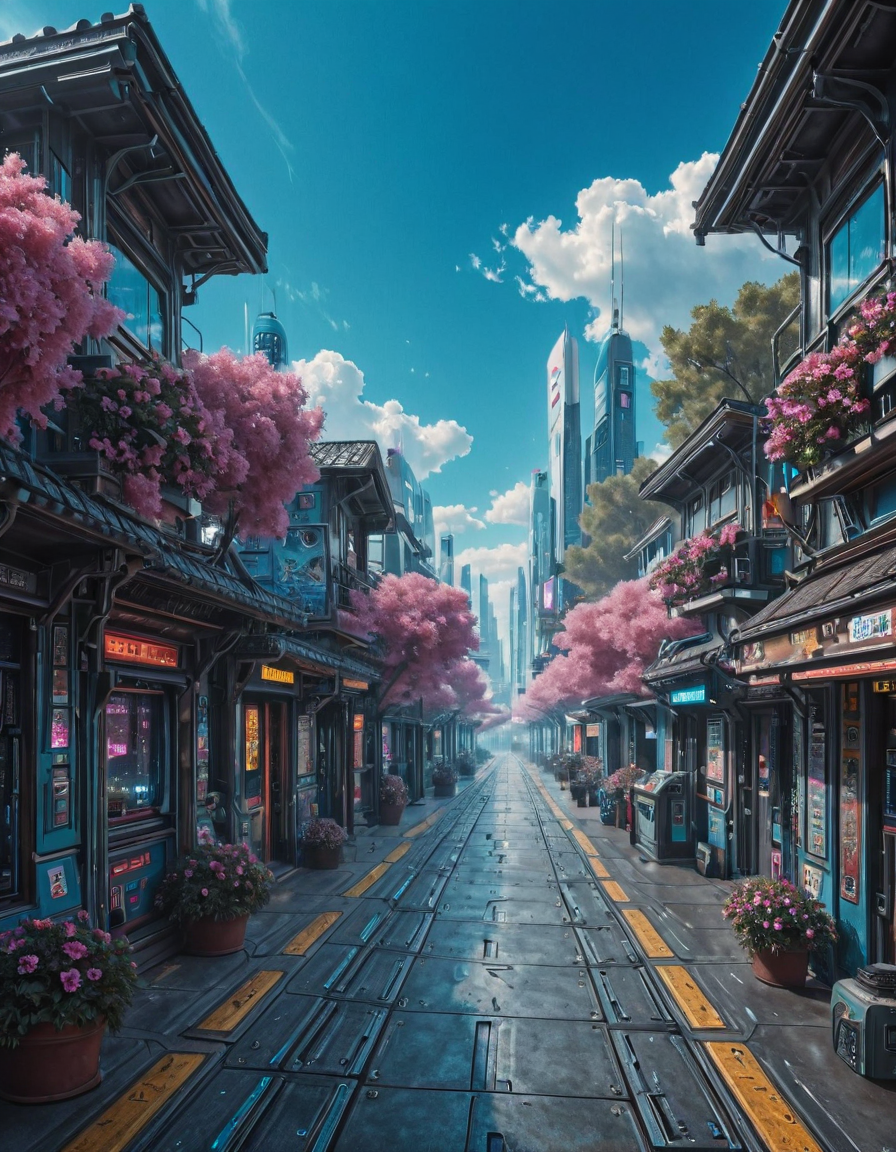 <lora:Space_Worlds_Minis_5:1> swminis5bis, cyberpunk, japan, narrow walkway, blue sky, clouds, seaside, house, trees, flowers,