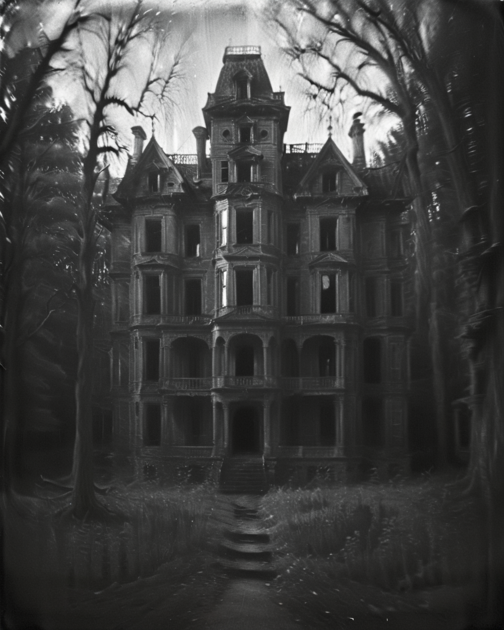 <lora:Old_Photo_Style:0.9> sinister, eerie, 01dPh0t0, black and white photo, dark, shadow, distorted, grainy, film grain, Victorian, eerie forest mansion, sinister