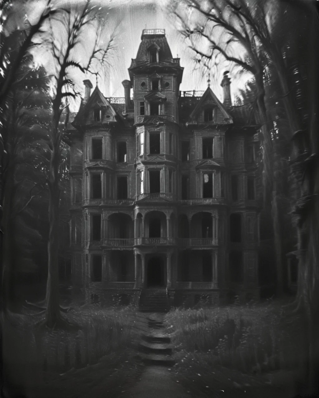 <lora:Old_Photo_Style:0.9> sinister, eerie, 01dPh0t0, black and white photo, dark, shadow, distorted, grainy, film grain, Victorian, eerie forest mansion, sinister