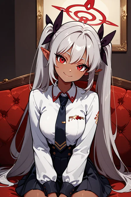 masterpiece, best quality, 1girl, solo, 21 year old model, eyelashes, (beautiful eyes), ,,, zzIori, red eyes, halo, long hair, twintails, dark skin, very long hair, pointy ears, grey hair, skirt, ribbon, hair ribbon, white shirt, necktie, collared shirt, long sleeves, <lora:IoriBlueArchiveIXL:1.0>,BREAK,,, smile, curvy, head tilt, sitting on couch, looking at viewer, cowboy shot, <lora:GoldenCATLoraIXL:0.6>, <lora:princess_xl_v2:0.3>,