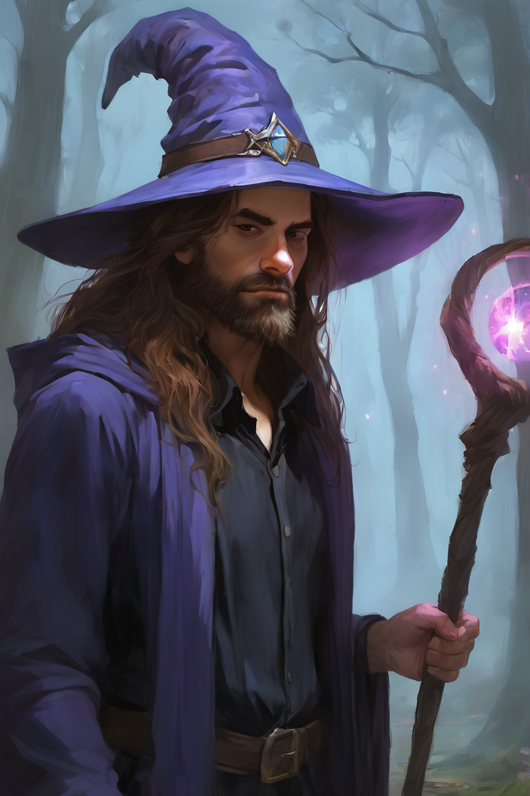 masterpiece, best quality, highres, newest, digital art, realistic, 1boy, solo, male focus, mature male, wizard, long hair, brown hair, black eyes, looking at viewer, hat, facial hair, beard, mustache, staff, wizard hat, purple hat, black shirt, collared shirt, robe, purple robe, hooded cloak, holding, holding staff, upper body, closed mouth, standing, outdoors, forest, nature, tree, fog, dark background <lora:Digital Art [LoRA] - NoobAI-XL EPS 1.0:0.8>