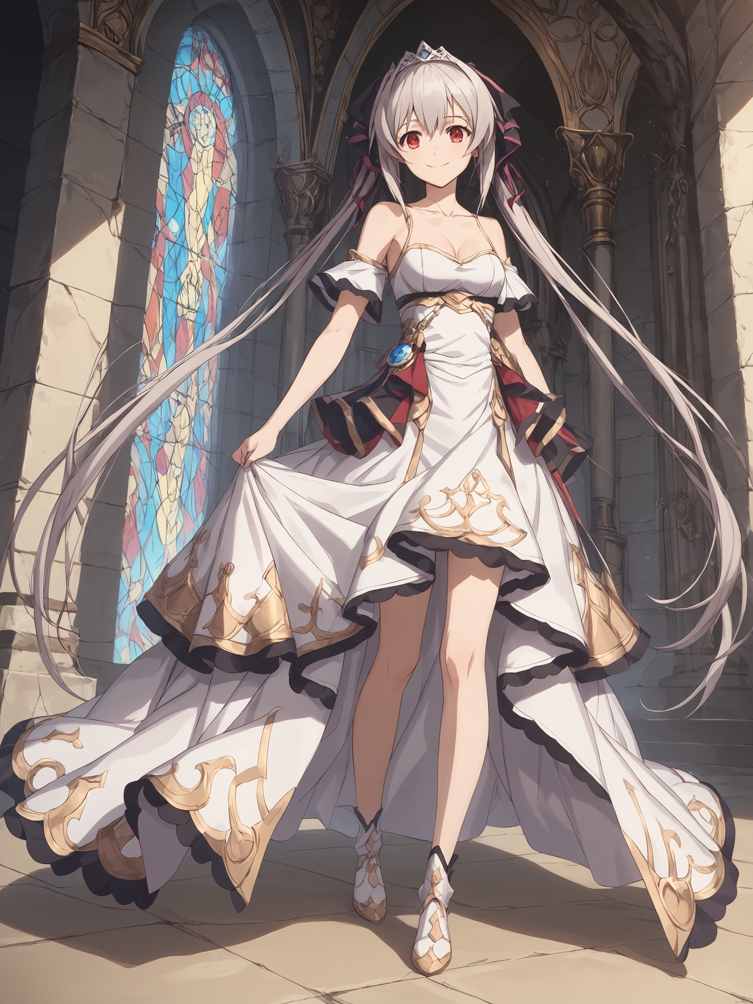 score_9, score_8_up, score_7_up ,source_anime,highres,16k, official art,beautidul detailed hair,beautiful detailed eyes,perfect anatomy,hairdetailer,very aesthetic, absurdres, intricate detailed, very aesthetic,cute face,clear skin,shiny hair,rating_explicit,
 in the castle, princess,view from behind,looking back,
1girl, bare shoulders,cleavage,  collarbone, tiara, white dress,hair ornament,ribbon on waist, 
<lora:lynneburg-clays-s1-ponyxl-lora-nochekaiser:0.8>, lynneburg clays, long hair, red eyes, twintails, grey hair, hair intakes, hair ribbon,  smile, solo, full body,
,<lora:detail_eyes:0.><lora:add-detail-xl:0.5>, <lora:flat_sdxl:-0.5> , <lora:Alien_Hive:0.4>,
 <lora:xl_fairy_dress-1.0:0.8>
