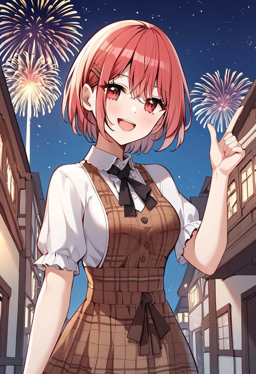elsa_dorothy, red hair, short hair, red eyes, medium breasts, hair clip, casual outfit,plaid dress, brown dress, shirt, plaid, white shirt, short sleeves,  BREAK outdoors, medieval city square, night, starry night, fireworks BREAK cowboy shot, looking at viewer, standing,open mouth, happy face , dynamic pose BREAK score_9, score_8_up, score_7_up, source_anime ,zPDXL, perfect hand , <lora:Elsa_Dorothy:0.8>