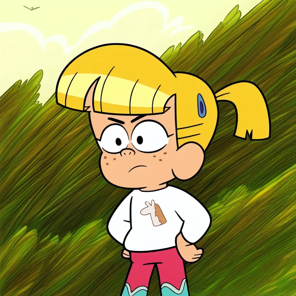 score_9, solo, Mackenzie_cotc, blonde hair, freckles, ponytail, shirt, outdoors