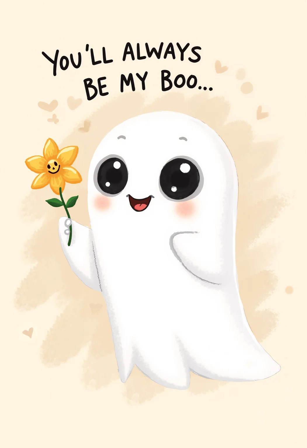 bo-romance, a digital drawing in a simple, cartoonish style, it features a ghostly figure with a white, ghostly body and two large, round eyes, the figure is holding a small, yellow flower with green leaves in its right hand, the background is a light beige, circular brushstroke pattern, giving it a soft, textured appearance, the text you'll always be my boo is written in black capital letters at the top of the image, the overall tone of playful and whimsical, with a touch of halloween theme<lora:boFLUX Romance Abyss.safetensors:1.0:1.0>