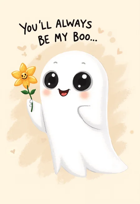 bo-romance, a digital drawing in a simple, cartoonish style, it features a ghostly figure with a white, ghostly body and two large, round eyes, the figure is holding a small, yellow flower with green leaves in its right hand, the background is a light beige, circular brushstroke pattern, giving it a soft, textured appearance, the text you'll always be my boo is written in black capital letters at the top of the image, the overall tone of playful and whimsical, with a touch of halloween theme<lora:boFLUX Romance Abyss.safetensors:1.0:1.0>