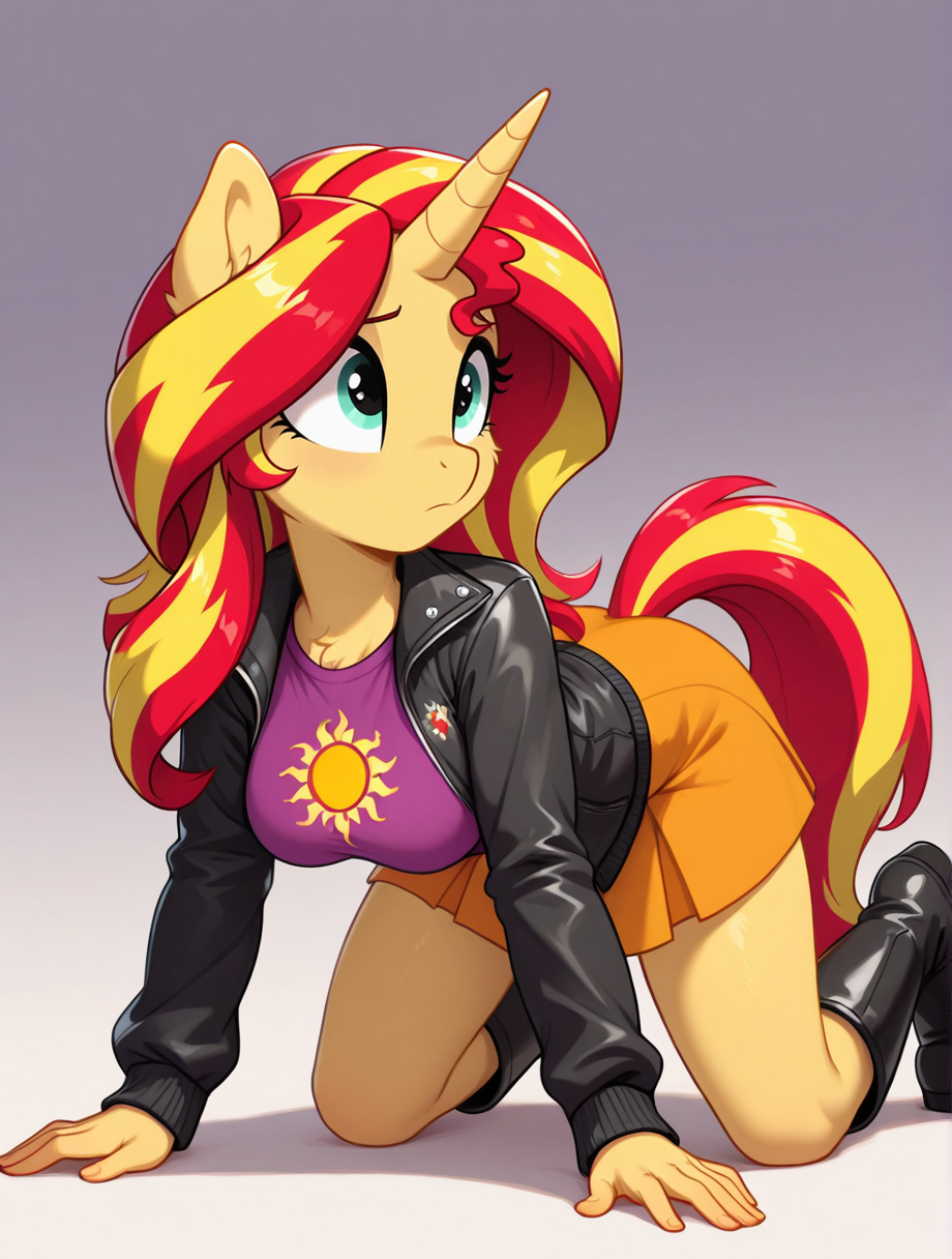 high quality, best quality, masterpiece, highres, very aesthetic, absurdres, detailed hair, <lora:NSFWFilter_illusXL_Incrs_v1:-.5>, solo, crawling, all fours, 
Sunset Shimmer \(My Little Pony\), long hair, multicolored hair, yellow hair, red hair, aqua eyes, furry, no humans, unicorn, yellow horn, yellow body, medium breasts, <lora:Sunset_Shimmer_-_MLP_Equestria_Girls_IllustriousXL:.9> eq outfit, black jacket, purple top, print shirt, sun print, eq skirt, orange skirt, eq boots, <lora:Mega_Fluffy_for_Illustrious V2:.6>, megafluffy, fluffy
, gradient background