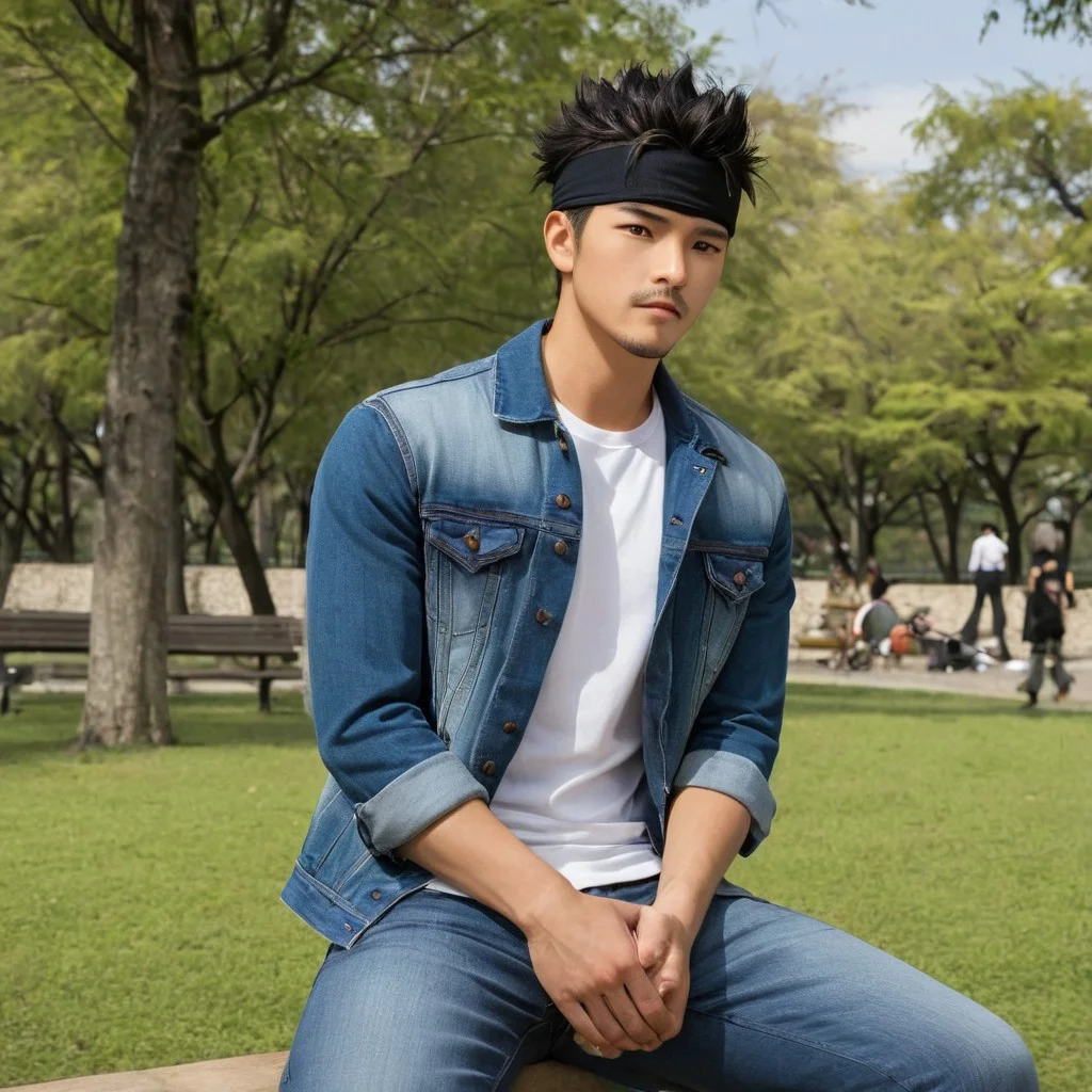 a man using denim jacket, white shirt, and jeans sitting on park, asian man, amirrama, (1boy, black hair, spiked hair, brown eyes, headband, facial hair, shirt, pants,), upper body, perfection style, perfection, perfect