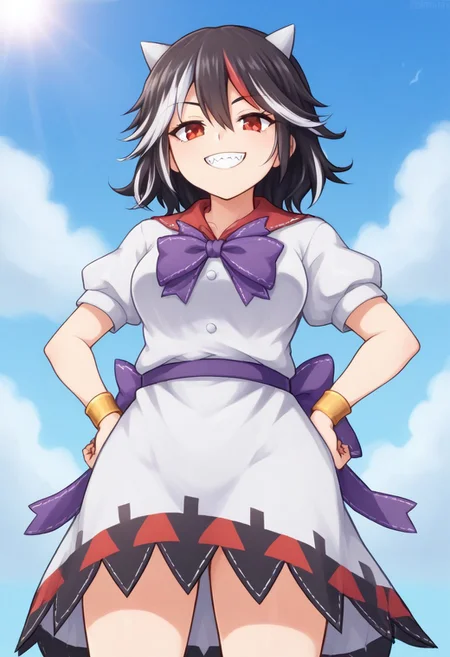 score_9, score_7_up, source_anime, source_cartoon, perfect face, EyesHD, 145, BREAK, (illustration), intricately detailed illustration, Exquisite color design, (best quality, ultra detailed), smooth skin, high details, (1girls), mature female, beauty, thick thighs, big breasts,  kijin_seija, short hair, multicolored hair, (black hair), streaked hair, red hair, white hair, hair flaps, hair between eyes, red eyes, horns, small horns, grey horns, cone horns, white horns, white collared shirt, white buttons, sailor collar, bracelet, purple bowtie, puffy short sleeves, white dress, white skirt, layered skirt, underskirt, purple belt, purple bow, arrow print, arrow \(symbol\), facing viewer, narrowed eyes, looking at viewer, grin, sharp teeth, front view, low angle, day, hands on hips,