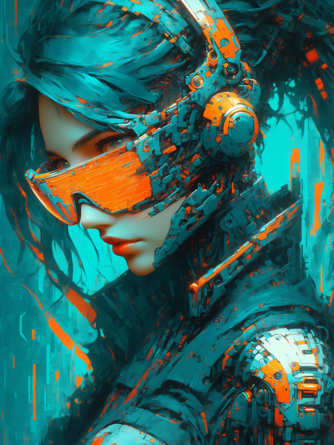 woman, mad-cybrpnkimprss, teal and orange, cyberpunk, impressionism, (masterpiece:1.2), best quality, (hyperdetailed, highest detailed:1.2), high resolution textures