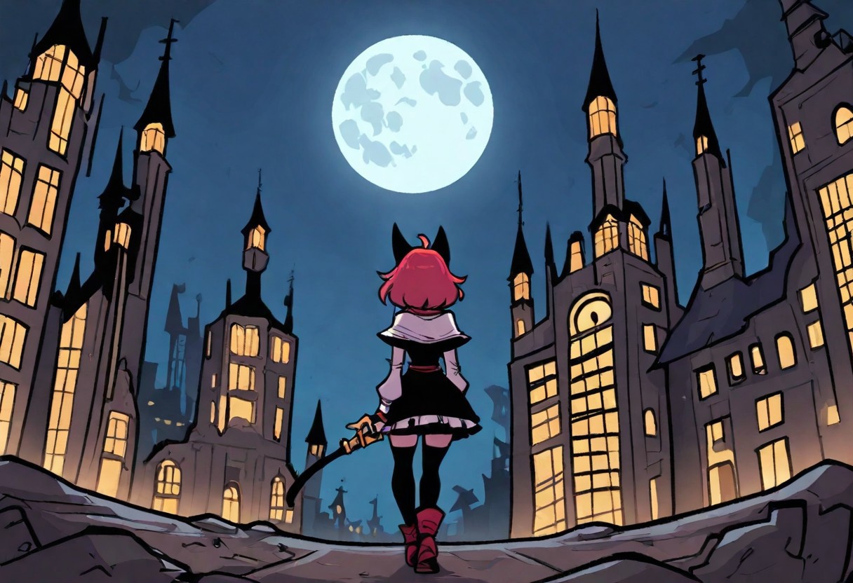 bridgetoon, masterpiece, best quality, golden ratio, very aesthetic, dangerous black cat sneaks up in the night in the magic old abandoned sinister park, full moon