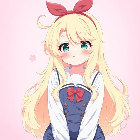 masterpiece, best quality, solo, curvy, beautiful eyes, R245, 1girl, :3, blonde hair, solo, long hair, blush, red bow, bow, school uniform, looking at viewer, shirt, green eyes, upper body, white shirt, hairband, thick eyebrows, sailor collar, dress, closed mouth, red hairband, blue dress, white sailor collar, smile, sleeveless, sleeveless dress, ribbon, hair bow, long sleeves, sailor dress, very long hair, hair between eyes, pink background, bowtie, ahoge