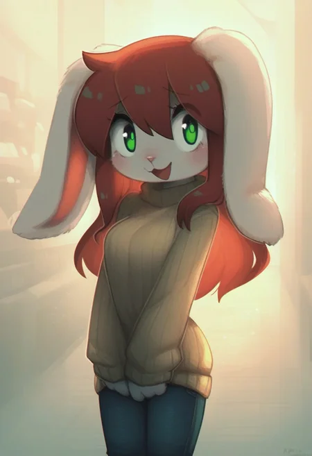 masterpiece,best quality,amazing quality, very aesthetic,rabbit girl,furry,red hair,white rabbit ear,solo,add detailed eyes,green eyes,dressed,happy,long hair,roll-up sweater,jeans,PRFRV Style, atmospheric lighting,