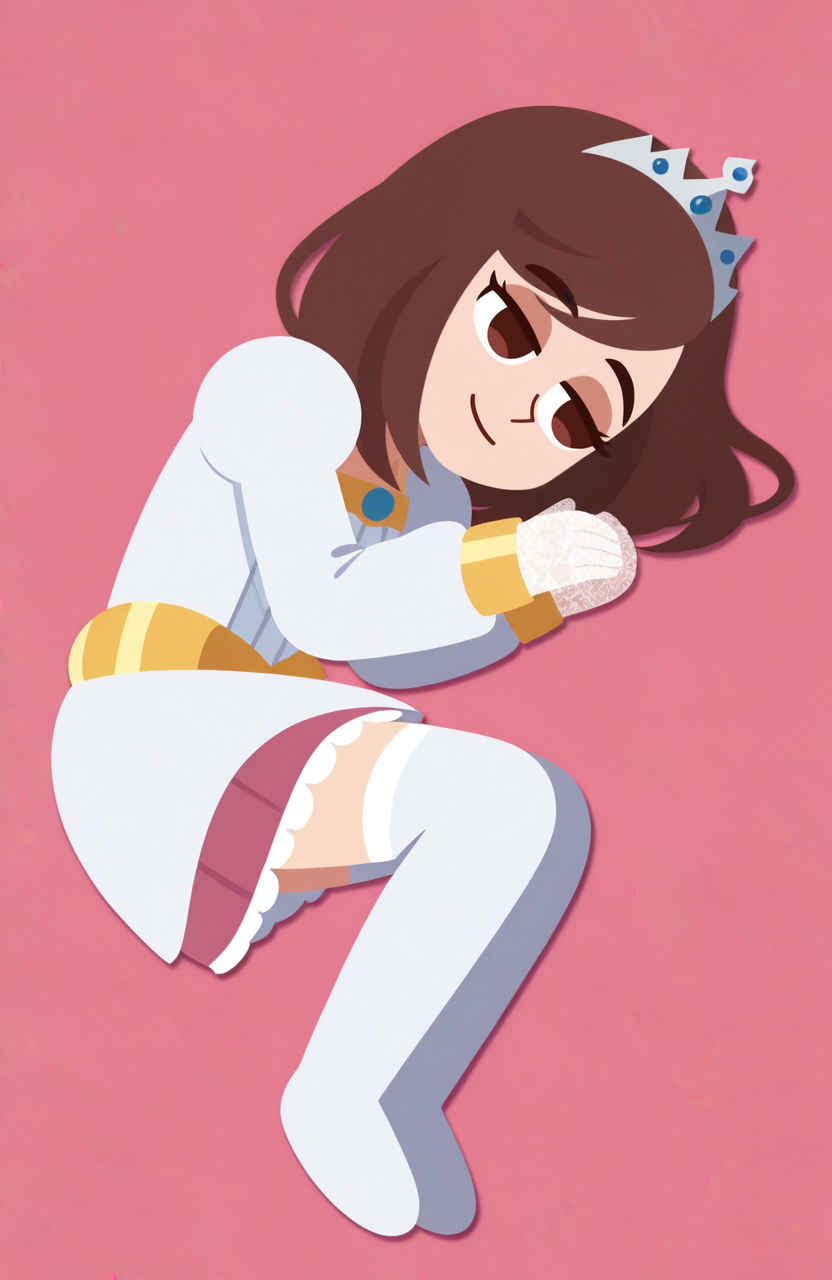1girl, solo, no lineart, paper texture, 
<lora:BekBry:0.6> bekbry, brown eyes, brown hair, medium hair, swept bangs, petite, elegant princess outfit, puffy long sleeves, frilled skirt, thighhighs, tiara, lace gloves, lying, on side, sleeping, soft smile, quiet rest,
 <lora:GrittySugar:1> grittysugar, extremely detailed, highres, masterpiece, best quality